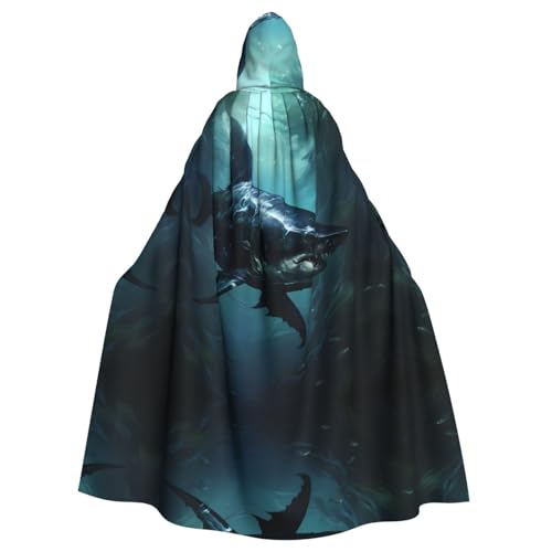 WZYWHJ Schwarzer Hai Schwimm-Druck Aldult Cosplay Poncho Kapuzenumhang für Damen und Herren Halloween Party von WZYWHJ