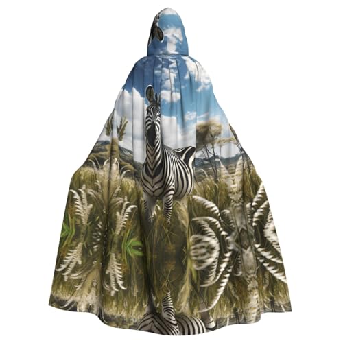 WZYWHJ Zebra auf dem Grasland bedruckter Aldult Cosplay Poncho Kapuzenumhang für Damen und Herren Halloween Party von WZYWHJ