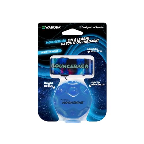 Waboba LED-Bounceback-Mondball mit Handgelenkband – Hochspringender Ball mit Bewegungsaktivierten Lichtern – Fördert Hand-Auge-Koordination – Verstellbar für Kinder & Erwachsene – Blau von Waboba