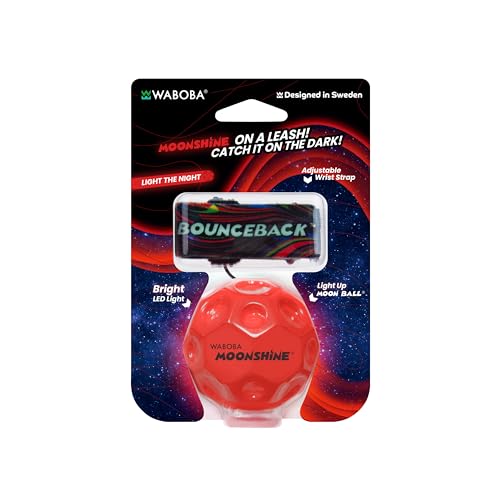 Waboba LED-Bounceback-Mondball mit Handgelenkband – Hochspringender Ball mit Bewegungsaktivierten Lichtern – Fördert Hand-Auge-Koordination – Verstellbar für Kinder & Erwachsene – Rot von Waboba