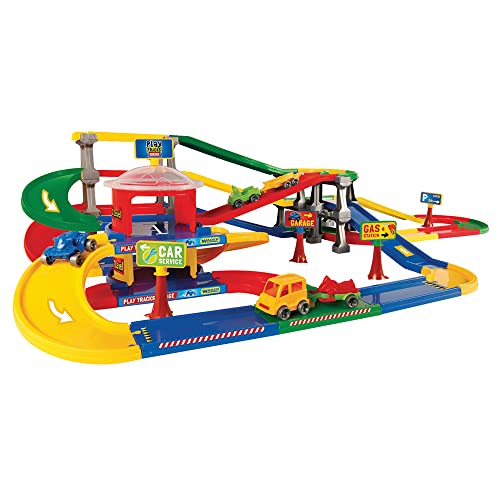 WADER Play Tracks Garage Parkhaus mit Mehreren Etagen, Parkgarage mit 3 Ebenen inkl. 4,6m Spielstraße, 5 Autos Kid Cars, Zubehör und Aufkleber, Bunte Teile, ab 1 Jahren von Wader