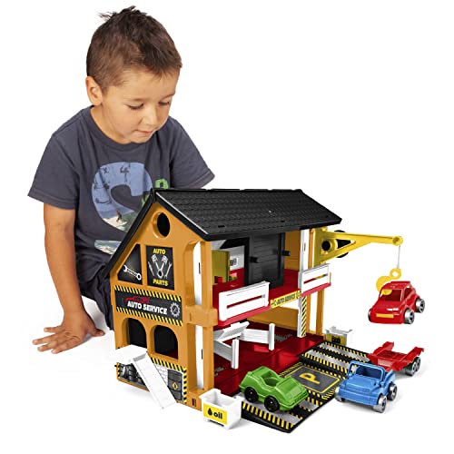 Wader 25470 - Play House Auto-Werkstatt, Spielhaus mit 3 Fahrzeugen, Servicebereich, Hebebühne und Kran, ca. 59 x 15 x 39,5 cm groß, ab 3 Jahren, ideal als Geschenk für kreatives Spielen von Wader