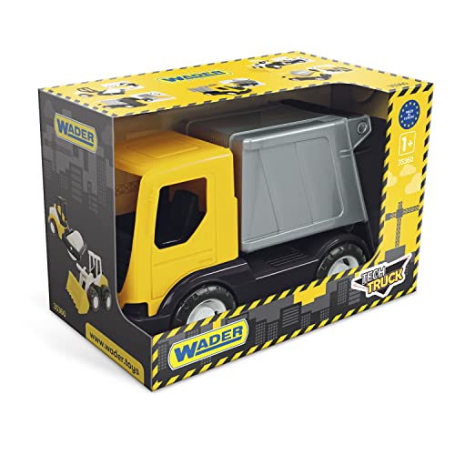 Wader 35361 - Tech Truck Müllwagen, stabiler LKW mit Container und beweglicher Mülltonne, ca. 26 x 14,5 x 19 cm groß, gelb, ab 12 Monaten, ideal als Geschenk für kreatives Spielen von Wader