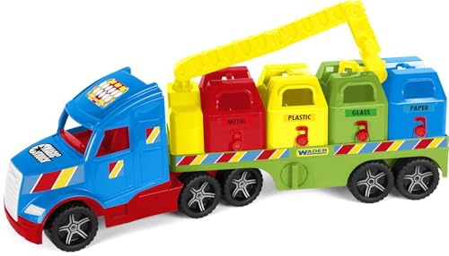 Wader 36321 - Magic Truck Recycling-Fahrzeug mit Vier Containern, Kran und leuchtenden Scheinwerfer, Größe ca. 79 cm, für Kinder ab 3 Jahren, Geschenk für kreatives Spielen von Wader