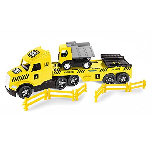 Wader 36420 - Magic Truck Tieflader mit Kipper, Absperrgittern und Rampen, ab 3 Jahren, ca. 79 cm, ideal als Geschenk für kreatives Spielen von Wader