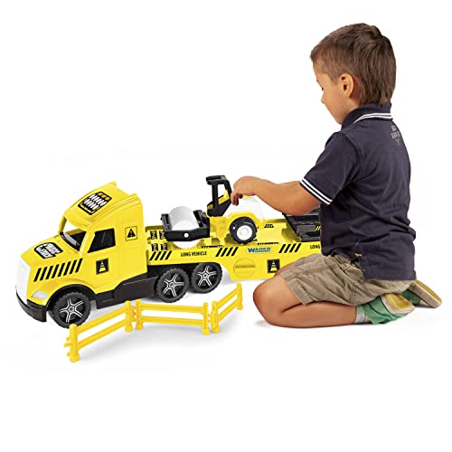 Wader 36450 - Magic Truck Tieflader mit Walze, Absperrgittern und Rampen, ab 3 Jahren, ca. 79 cm, ideal als Geschenk für kreatives Spielen, Gelb Wader 36450 - Magic Truck Tieflader mit Walze, Absperrgittern und Rampen, ab 3 Jahren, ca. 79 cm, ideal als Geschenk für kreatives Spielen, Gelb von Wader