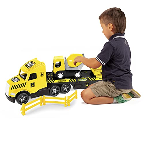 Wader 36460 - Magic Truck Tieflader mit Betonmischer, Absperrgittern und Rampen, ab 3 Jahren, ca. 79 cm, ideal als Geschenk für kreatives Spielen von Wader