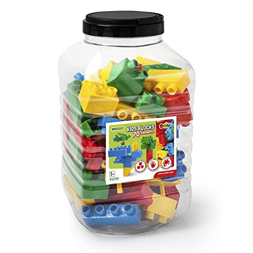 Wader 41295 - Kids Blocks Bausteine, ca. 70 Teile, in verschiedenen Formen und bunten Farben, inkl. praktischer Kunststoff-Box mit Deckel, ca. 19,5 x 19,5 x 35 cm, ab 12 Monaten, ideal als Geschenk von Wader
