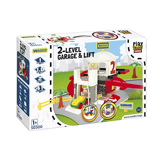 Wader 50300 Play Tracks Garage 2 Ebenen, Parkhaus mit 1,8 m Zugangsweg, H = 34 cm, inkl. Aufzug, Kinderauto, Dekorationen und Aufkleber, ab 1 Jahren, Mehrfarbig, Standard von Wader