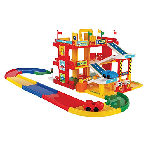 Wader 50470 Play Tracks Service Garage auf DREI Ebenen mit Aufzug, Servicebereich, Zwei Fahrzeugen und 1,5 m Spielstraße, ab 3 Jahren, Mehrfarbig, 90 x 80 cm von Wader