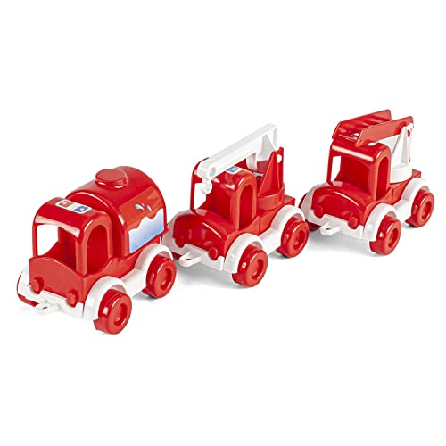 Wader 60023 - Kid Cars Spielset Feuerwehr, 3 rote Fahrzeuge mit Tankwagen, Kranwagen und Feuerwehrwagen, stabile Stahlachsen, ab 12 Monaten, ideal als Geschenk für kreatives Spielen von Wader
