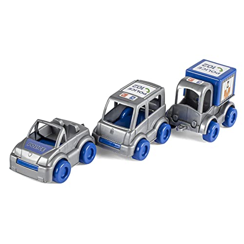 Wader 60024 - Kid Cars Spielset Polizei, 3 blaue Fahrzeuge mit Polizeiauto, Bus und Transporter, stabile Stahlachsen, ab 12 Monaten, ideal als Geschenk für kreatives Spielen von Wader