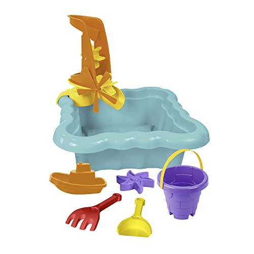 Wader 72012 - Happy Summer pastellfarbener Sandkasten mit Mühle, Eimer, Schaufel, Rechen, Boot und Sandform, ca. 35,5 x 35,5 x 14 cm groß, ab 12 Monaten, ideal als Geschenk für kreatives Spielen von Wader