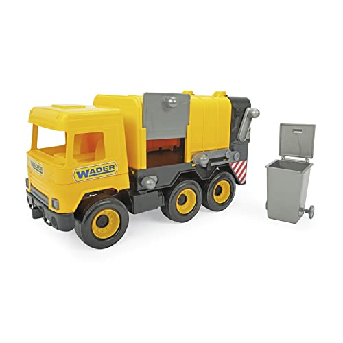 Wader Tigres_32123 Middle Truck Müllwagen mit Mülltonne und mehreren Klappen, ab 12 Monaten, ca. 43 cm, gelb, Einheitsgröße von Wader