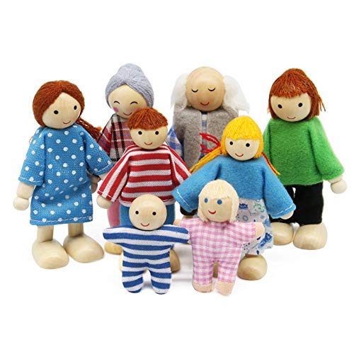 Wagoog Puppenhaus Puppenfamilie Set, Holz 8 Personen Figuren Puppen Spielset für Puppenhaus Zubehör Mädchen Kinder Kinder Spielzeug Geschenk von Wagoog