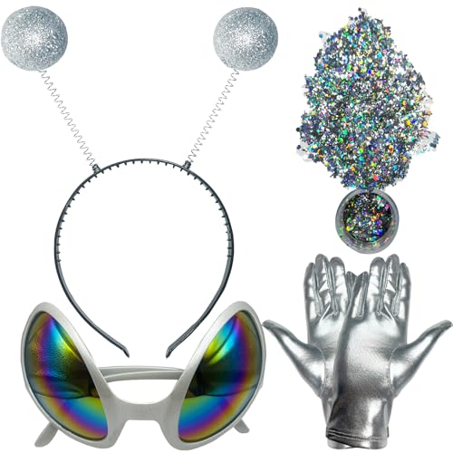Wakejoy Alien-Stirnband, Alien-Kostüm für erwachsene Frauen und Kinder, Halloween-Zubehör: Brille, Handschuhe, holografischer Glitzer (Silber) von Wakejoy