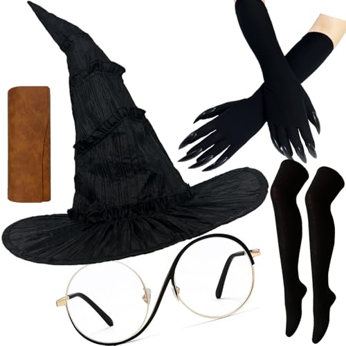 Wakejoy Grünes Hexenkostüm-Set, Hut, Handschuhe, schwarze Brille, Socken für Halloween, Cosplay, Maskerade oder Bühne, Erwachsenen-Zubehör-Set (schwarz), Schwarz, Einheitsgröße von Wakejoy