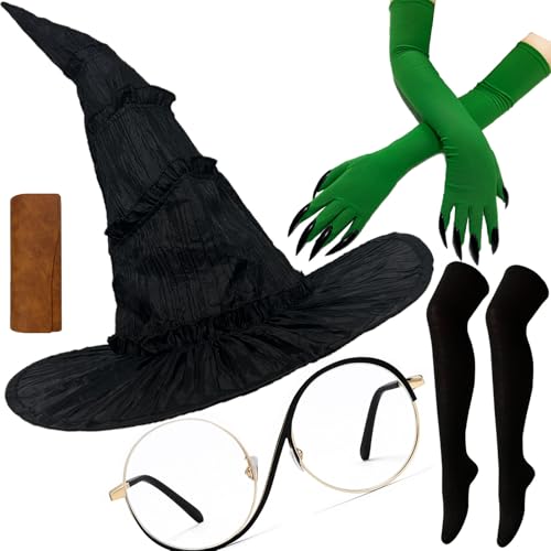 Wakejoy Grünes Hexenkostüm-Set, Hut, Handschuhe, schwarze Brille, Socken für Halloween, Cosplay, Maskerade oder Bühne, Zubehör-Set für Erwachsene (grün), Grün , Einheitsgröße von Wakejoy
