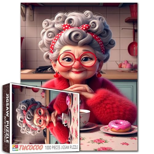 1000 Piece Jigsaw Puzzle, Animated Kitchen Scene with Pink Donut, Family Entertainment Olderly Women DIY Puzzles for Challenging Family Activity Games Elderly Lady Art Home Wall Decor Craft Gifts von Walarky