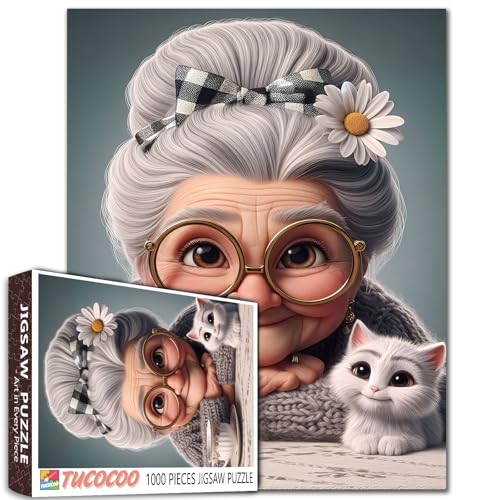1000 Piece Jigsaw Puzzle, Charming Portrait with Cat, Daisy Flower Accent Ältere Frauen DIY Puzzles für herausfordernde Familie Aktivität Spiele Ältere Dame Kunst Home Wall Decor Craft Geschenke 1000 Piece Jigsaw Puzzle, Charming Portrait with Cat, Daisy Flower Accent Ältere Frauen DIY Puzzles für herausfordernde Familie Aktivität Spiele Ältere Dame Kunst Home Wall Decor Craft Geschenke von Walarky
