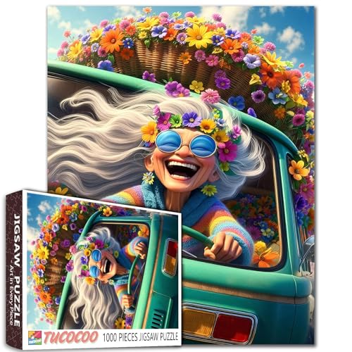 1000 Piece Jigsaw Puzzle, Colourful Floral Car Art, Whimsical Rainbow Design Ältere Frauen DIY Puzzles für herausfordernde Familienaktivitätsspiele Ältere Dame Kunst Home Wall Decor Craft Gifts von Walarky