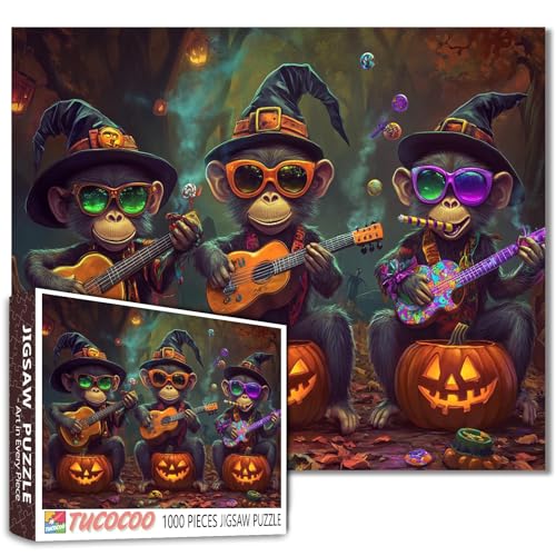 1000 Stück Affen Halloween Puzzle Kostüme Bandanas Jack O Laterne Gitarre Süßigkeiten Hexe Besen Graffiti Ölgemälde Neonfarben Wald Dekor 68,8 x 50,8 cm von Walarky