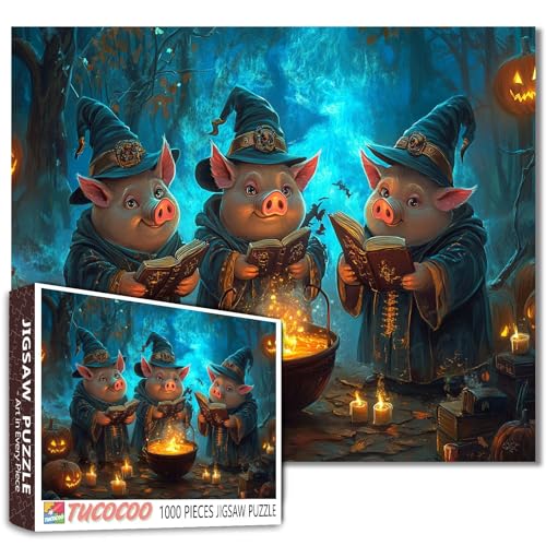 1000 Stück Halloween Schweine Puzzle Zauberer Kostüme Verzauberter Wald Schwimmkerzen Zauberbücher Schwebende Kürbisse Kessel Spukbäume Geschenk 68,6 x 50,8 cm von Walarky