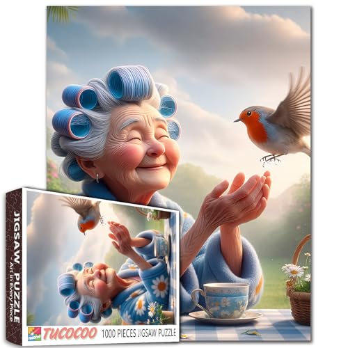 1000 Stück Jigsaw Puzzle, Garten Teezeit mit Robin, künstlerische Illustration Ältere Frauen DIY Puzzles anspruchsvolle Familie Aktivität Spiele Ältere Dame Kunst Home Wall Decor Handwerk Geschenke von Walarky