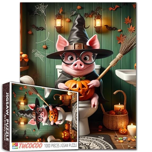 1000 Teile Hexenhut Ferkel auf Toilette Puzzle für Erwachsene Halloween Schwein Puzzles Halloween Tier Puzzle herausfordernde Familienaktivität Spiele Bunte DIY Handwerk Puzzle für Heimdekoration von Walarky