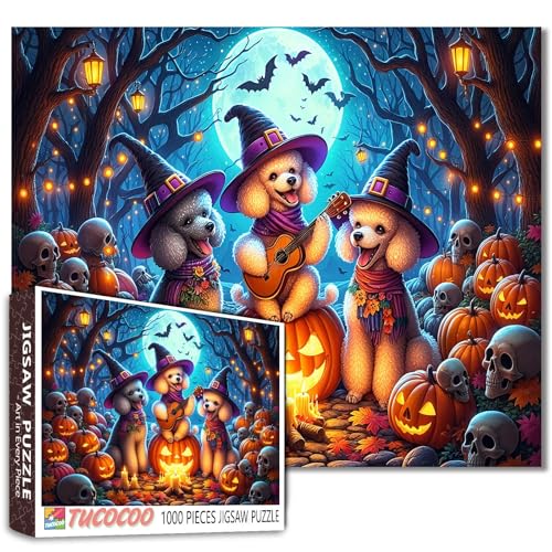 1000 Teile Hexenpudel spielen Gitarre Puzzle für Erwachsene Halloween Pudel Puzzles Kürbis Feuer Puzzle herausfordernde Familienaktivitätsspiele Buntes DIY Handwerk Puzzle für Heimdekoration Geschenke von Walarky