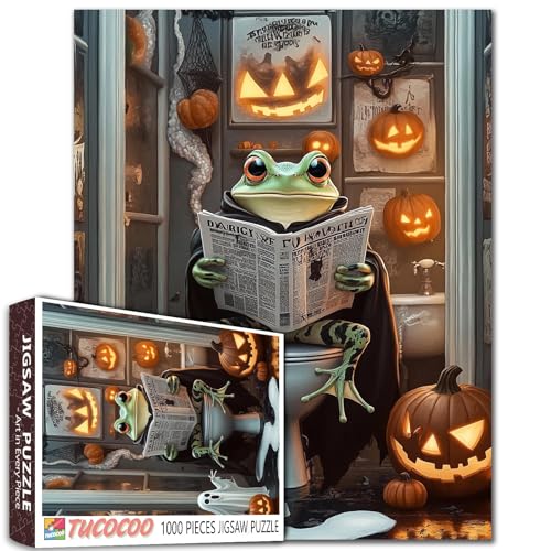 1000 Teile Puzzle Grüner Frosch Vampir Umhang Badezimmer Gruselige Poster Kürbisse Schleim Lustige Halloween-Szene Erwachsene Anfänger DIY Handwerk 68,8 x 50,8 cm von Walarky