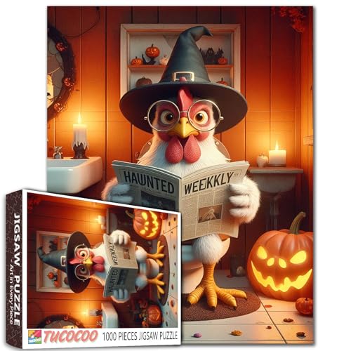 1000 Teile Puzzle Halloween Huhn Hexenhut Lesen Zeitung Jigsaw Puzzle für Erwachsene Lustiger Hahn auf Toilette Badezimmer Puzzle mit Kürbissen Spinnen Fledermäuse Puzzles für Erwachsene Familien von Walarky