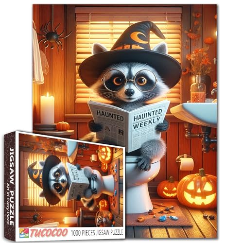 1000 Teile Puzzle Halloween Waschbär Hexenhut Lesen Zeitung Jigsaw Puzzle für Erwachsene Lustiges Tier Toilette Badezimmer Puzzle mit Kürbis Kerzen Spinne Dekor für Erwachsene Teens Familien von Walarky