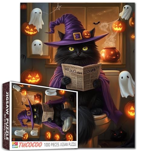 1000 Teile Puzzle freche schwarze Katze Hexenhut Badezimmer schwimmende Geister Spinnweben Kessel Halloween Magisches Familienspiel Erwachsene Starter Geschenk 68 x 50 cm von Walarky