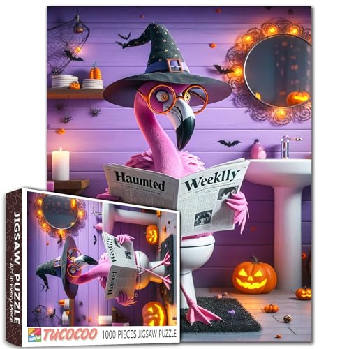 1000 Teile Puzzle für Erwachsene Halloween Flamingo Hexenhut Lesen Zeitung Puzzles Lustiges Tier mit Kürbissen Spinnen Fledermäuse Badezimmer Dekor Geschenk Herausforderndes Puzzle für Familien von Walarky