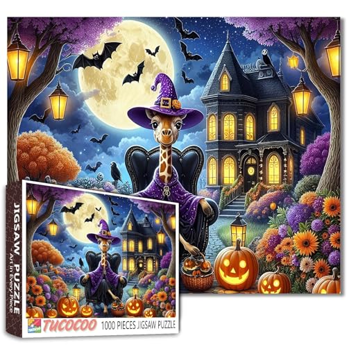 1000 Teile Puzzles für Erwachsene Halloween Giraffe Hexenhut sitzend auf Stuhl Puzzles Spukhaus Kürbisse Fledermäuse Vollmond Nacht Puzzle Herausforderndes Puzzle für Teenager Familienspiele von Walarky