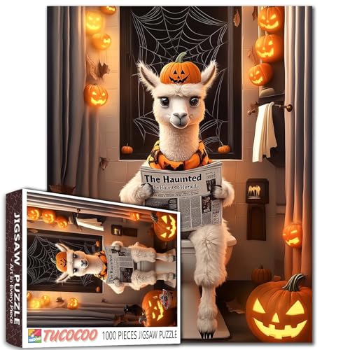 1000-teiliges Puzzle, flauschiger Alpaka-Kürbis-Hut, Halloween, Badezimmer, Jack-O-Laternen, leuchtende Netze, gemütliche Stimmung, Familienaktivität, Geschenk, 68 x 50 cm 1000-teiliges Puzzle, flauschiger Alpaka-Kürbis-Hut, Halloween, Badezimmer, Jack-O-Laternen, leuchtende Netze, gemütliche Stimmung, Familienaktivität, Geschenk, 68 x 50 cm von Walarky