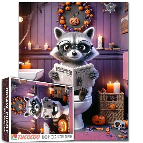 1000-teiliges Puzzle, niedliche Waschbären, Halloween-Badezimmer-Szene mit Brille, Absätzen, lustige Toilette, Lesen, Zeitung, Erwachsene, Anfänger, Familie, Aktivität, DIY, Basteln, Heimdekoration 1000-teiliges Puzzle, niedliche Waschbären, Halloween-Badezimmer-Szene mit Brille, Absätzen, lustige Toilette, Lesen, Zeitung, Erwachsene, Anfänger, Familie, Aktivität, DIY, Basteln, Heimdekoration von Walarky