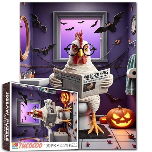 1000-teiliges Puzzle, niedliches Huhn, Halloween-Badezimmer-Szene mit Brille, Absätzen, lustige Toilette, Lesen, Zeitung, Erwachsene, Anfänger, Familie, Aktivität, DIY, Basteln, Heimdekoration 1000-teiliges Puzzle, niedliches Huhn, Halloween-Badezimmer-Szene mit Brille, Absätzen, lustige Toilette, Lesen, Zeitung, Erwachsene, Anfänger, Familie, Aktivität, DIY, Basteln, Heimdekoration von Walarky