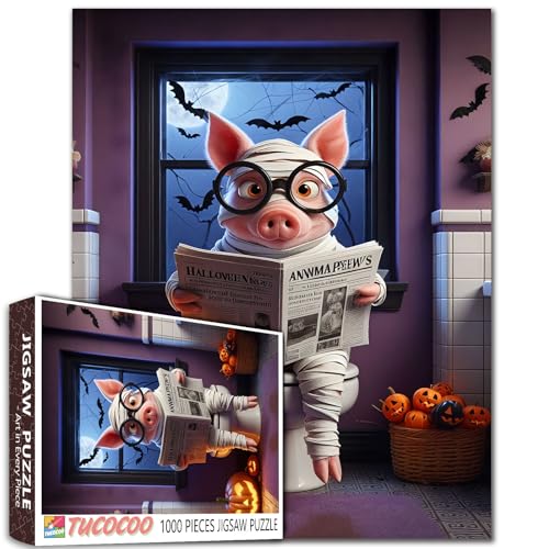 1000-teiliges Puzzle, niedliches Schwein, Halloween-Badezimmer-Szene mit Brille, Absätzen, lustige Toilette, Lesen, Zeitung, Erwachsene, Anfänger, Familie, Aktivität, DIY, Basteln, Heimdekoration 1000-teiliges Puzzle, niedliches Schwein, Halloween-Badezimmer-Szene mit Brille, Absätzen, lustige Toilette, Lesen, Zeitung, Erwachsene, Anfänger, Familie, Aktivität, DIY, Basteln, Heimdekoration von Walarky