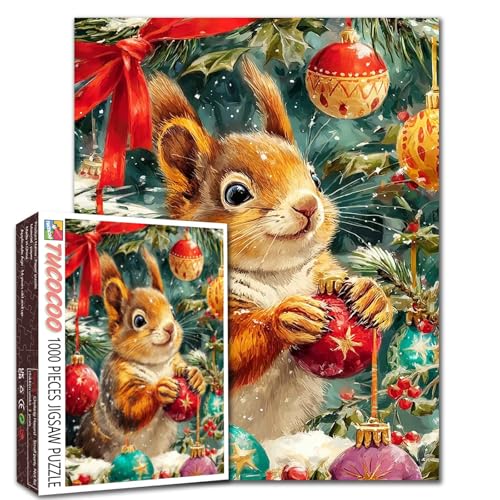 Eichhörnchen, das mit Weihnachtskugeln spielt, 1000-teiliges Puzzle für Erwachsene, Weihnachtstag, Winterszene, Puzzles, herausfordernde Familienaktivitäten, Tier-/Wildtier-Handarbeit, Geschenk von Walarky
