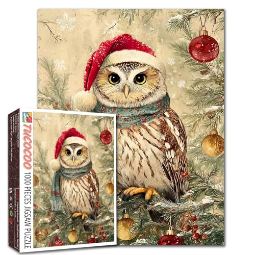 Eule mit Weihnachtsmütze, 1000-teiliges Puzzle für Erwachsene, Tier-Winter-Szenen-Puzzles, herausfordernde Familienaktivitäten, Spiele, DIY-Handarbeit, Tierwelt, Geschenk für Zuhause, Wanddekoration von Walarky