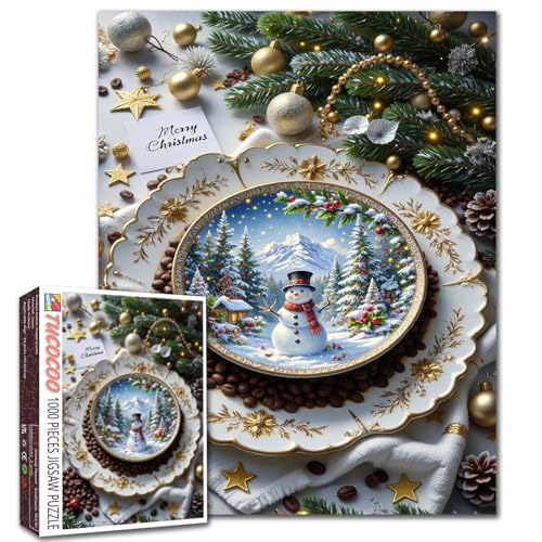 Frohe Weihnachten, 1000-teiliges Puzzle für Erwachsene, Weihnachts-Kaffeemalerei, Puzzle, niedlicher Schneemann, 50,8 x 68,9 cm, verschneites Dorf mit Weihnachtsbaum, 1000 Teile, Wanddekoration Frohe Weihnachten, 1000-teiliges Puzzle für Erwachsene, Weihnachts-Kaffeemalerei, Puzzle, niedlicher Schneemann, 50,8 x 68,9 cm, verschneites Dorf mit Weihnachtsbaum, 1000 Teile, Wanddekoration von Walarky