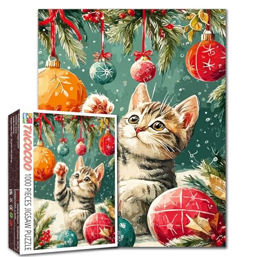 Frohe Weihnachten Katze spielt mit Weihnachtskugeln 1000 Teile Puzzle für Erwachsene Winterszene Puzzles herausfordernde Familienaktivitätsspiele Tier/Wildtiere Handarbeit Geschenk Zuhause von Walarky