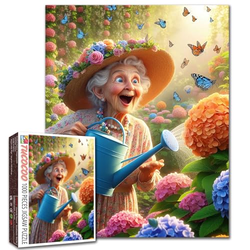 Gartenpuzzle "Happy Grandma" für Erwachsene – 1000-teiliges skurriles Puzzle mit Blumen, Schmetterlingen, Gießkanne und farbenfroher Gartenszene, herausfordernde Familienspielabende, Heimdekoration Gartenpuzzle "Happy Grandma" für Erwachsene – 1000-teiliges skurriles Puzzle mit Blumen, Schmetterlingen, Gießkanne und farbenfroher Gartenszene, herausfordernde Familienspielabende, Heimdekoration von Walarky