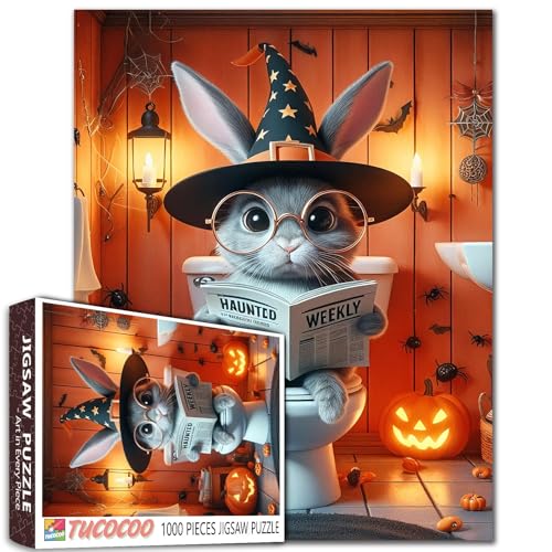 Halloween Bunny Hexenhut Puzzle für Erwachsene 1000 Teile Lustiges Kaninchen auf Toilette Badezimmer Puzzle mit Kürbissen Kerzen Spinne Fledermäuse Niedliche Tierpuzzles Familie Halloween von Walarky