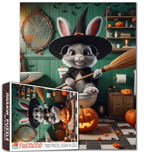 Halloween Bunny Puzzles für Erwachsene 1000 Stück Hexenhut Kaninchen auf Toilette für Familienaktivitätsspiele Besen und Kürbisse Kunst für Zuhause Wanddekoration Spielabende Geschenk von Walarky