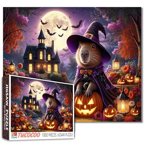 Halloween Capybara Hexenhut-Puzzle für Erwachsene, 1000 Teile, niedliche Tier-Kürbisse, Fledermäuse, Spukhaus, Nachtpuzzle, entspannende Aktivitäten, Heimdekoration, herausforderndes Puzzle, 68 x 50 von Walarky