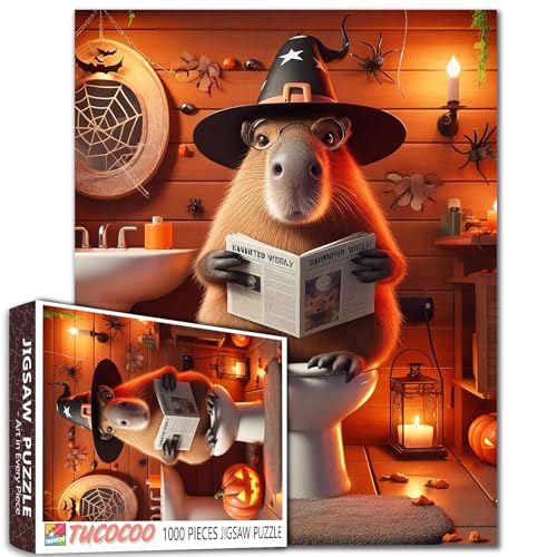 Halloween Capybara Hexenhut Puzzle für Erwachsene 1000 Teile Lustiges Tier Badezimmer Puzzle mit Kürbis Spinne Dekor Gemütliche Halloween Nacht Puzzles Geschenk für Familie Herbst Saison Home Activity von Walarky