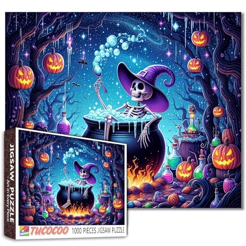 Halloween Cauldron Jigsaw Puzzles 1000 Stück Schädel in Witch Hat Bubble Bath Kunst für herausfordernde Familienspiele Kürbisse für Erwachsene Handarbeit Home Decor Geschenk von Walarky
